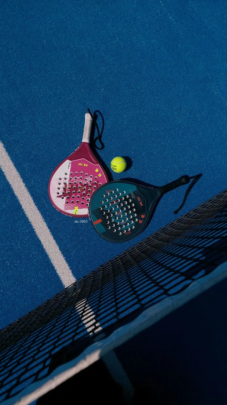 Dos palas y una bola sobre la pista, junto a la red