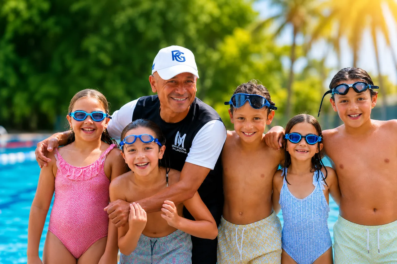 Monitor de natación con un grupo de niños en la piscina del Manolo Santana Racquets Club en Marbella